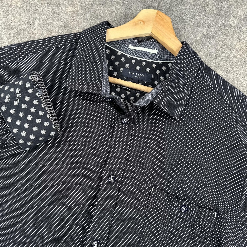 Ted Baker Shirt Mens 2XL Blue Polka Dot Cotton Button Front Long Sleeve